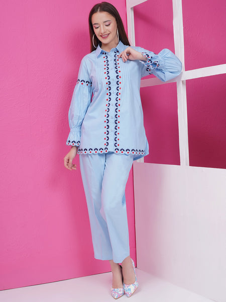 Blue Cotton Popline Embroiderd Shirt with Pant-WRKS167