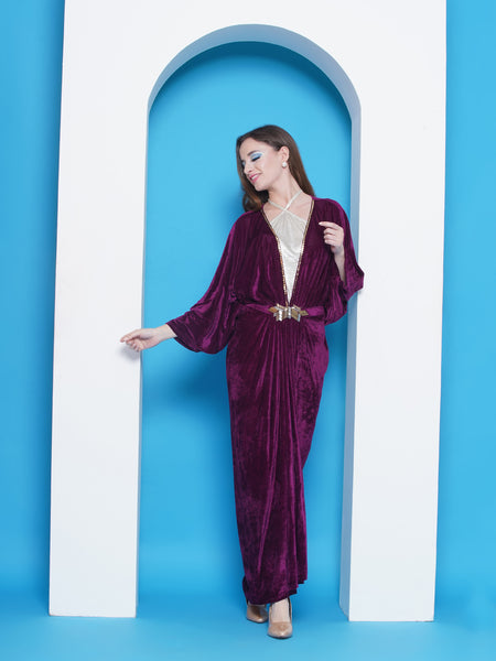Wine Velvet Gown With Hand Embellished Belt and Metallic Halter Neck top-WRH455