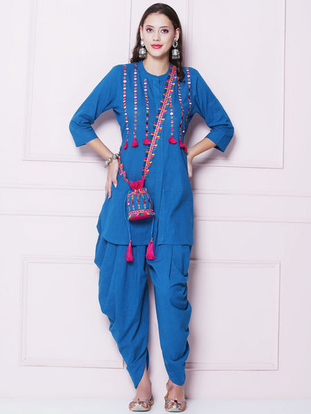 Blue Mirror Embroidered Kurta with Salwaar And Potli-WRKS156B