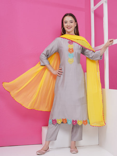 Grey Embroidered Suit with Dupatta-WRS004