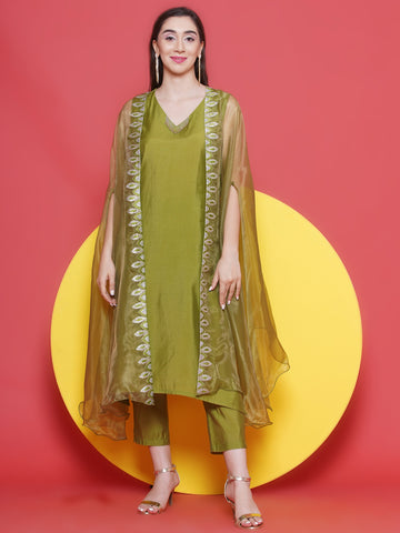 Green Muslin Set With Embroidered Organza Kaftaan Style Jacket-WRKS132