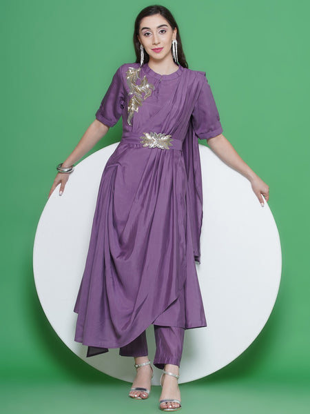 Mauve Hand Embellished Drape Set-WRKS129M