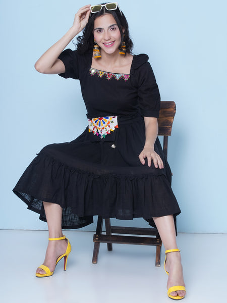 Black Cotton Dress with Belt and Pouch-WRK465