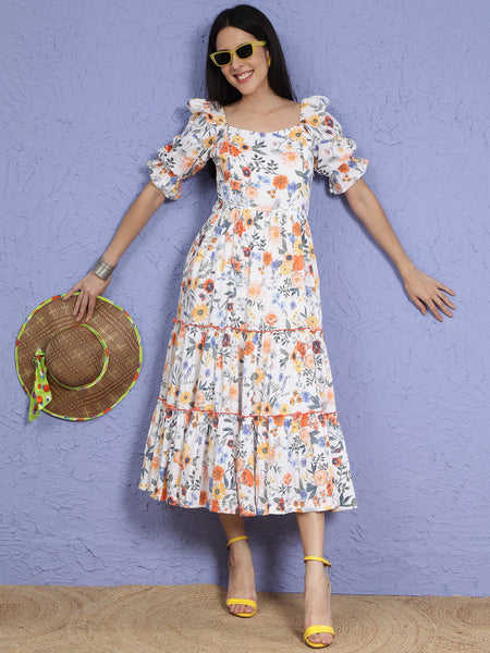 Floral Pure Cotton Tiered Dress-WRK290