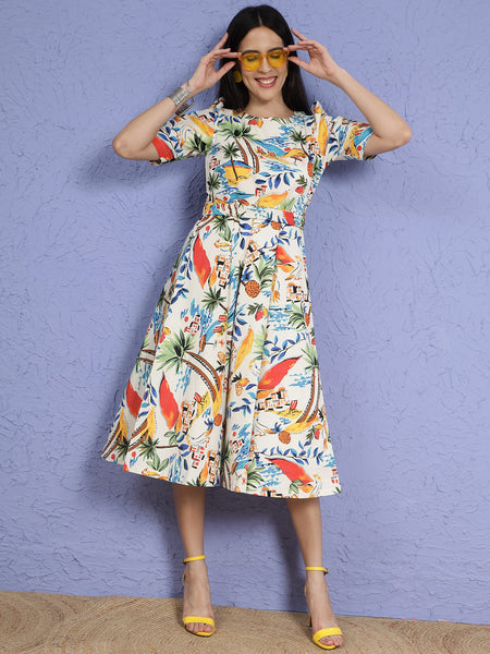 Tropical Poplin Printed Dress with Belt-WRK289