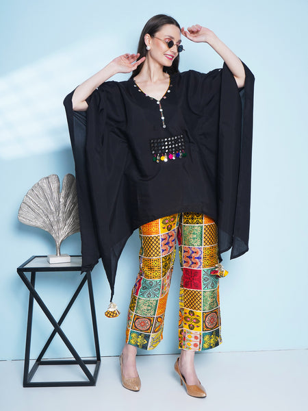 Black Kaftaan With Mirror work bely and printed Plazzo-WRKS154
