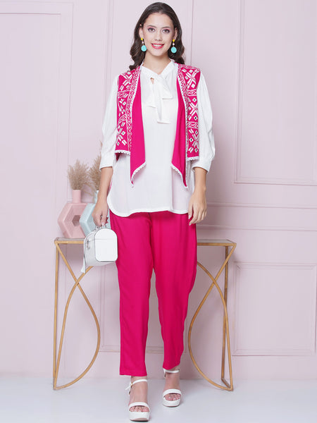 Pink Rayon Slub Embroidered Jacket with shirt and Pant-WRKS161