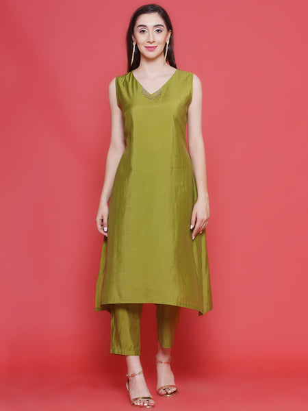 Green Muslin Set With Embroidered Organza Kaftaan Style Jacket-WRKS132