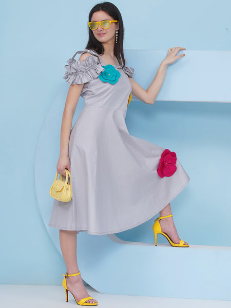 Grey Cotton Dress With 3 D Flowers-WRK483