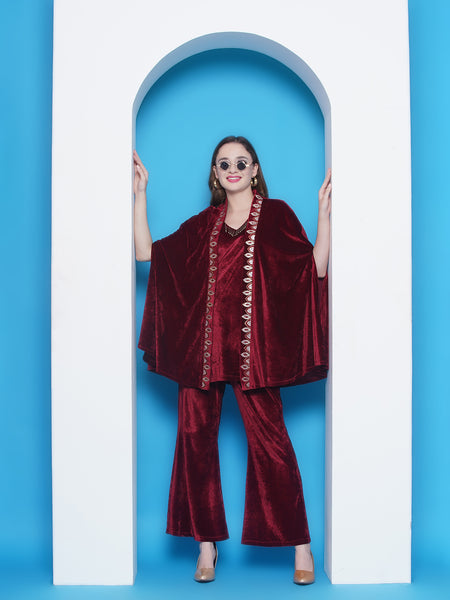 Maroon Embroidered Velvet 3 pcs Cape set-WRKS145
