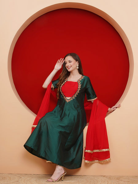 Green Silk blended hand embellished anarkali suit with dupatta-wrks006