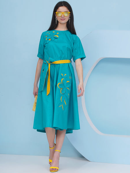 Blue Cotton Dress with 3D Embroidery-WRKS484