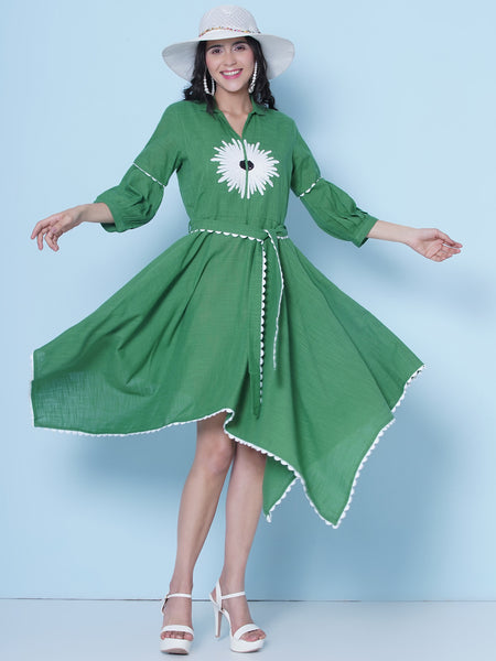 Green Hand Embroiderd Cotton Dress-WRK466