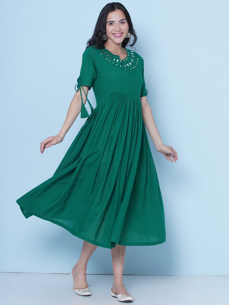 Green Cotton Mirror Embroidered Dress-wrk461
