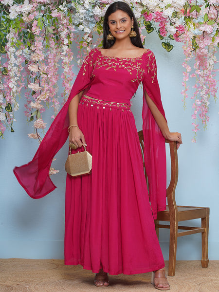 Pink Chinnon Hand embellished long sleeves kurta with Lehnga-WRKS196