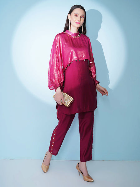 Maroon Hand Embellished Muslin Kurta Set-WRKS148