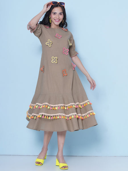 Brown Cotton Embroidered Dress-WRK458