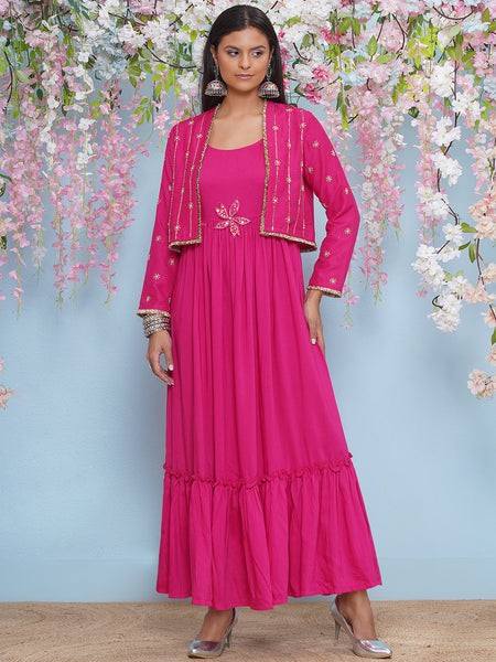 Pink Full Lenght Anarkali Gown with Hand embellished short jacket-WRK473