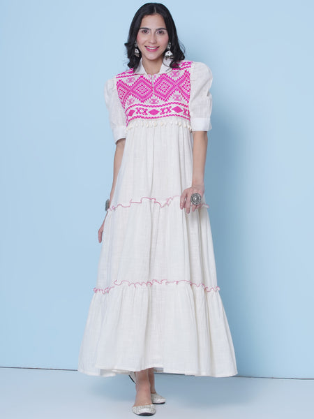Off White Cotton Tiered Dress-WRK460