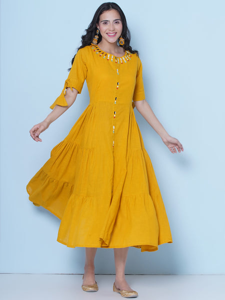 Yellow Cotton Mirror Embroidered Tiered Dress-Wrk459