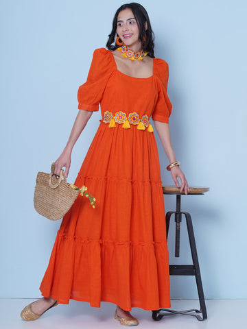 Orange Tiered Cotton Dress With belt and Necklace-WRK457