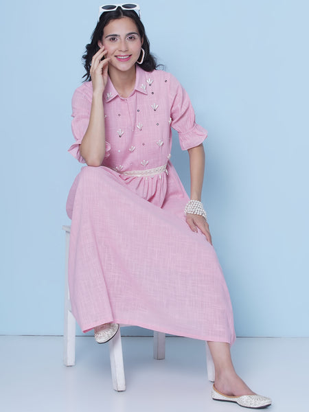 Baby Pink Cotton Hand Embellished Dress-WRK463