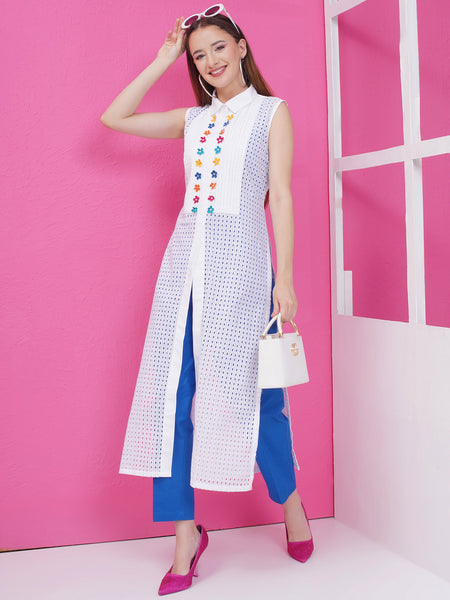 White Cotton Schifflie Jacket with Inner and Pants-WRKS169
