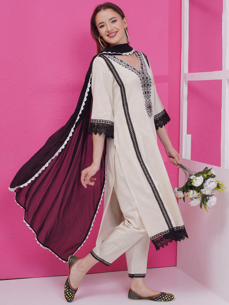 Off White Cotton Flex Embroidered Suit with Dupatta-WRS002