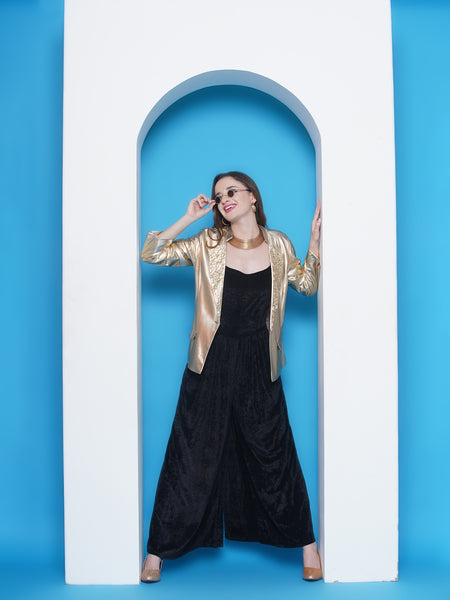 Golden Hand Embellished Blazer with Black velvet Jumpsuit-WRKS144