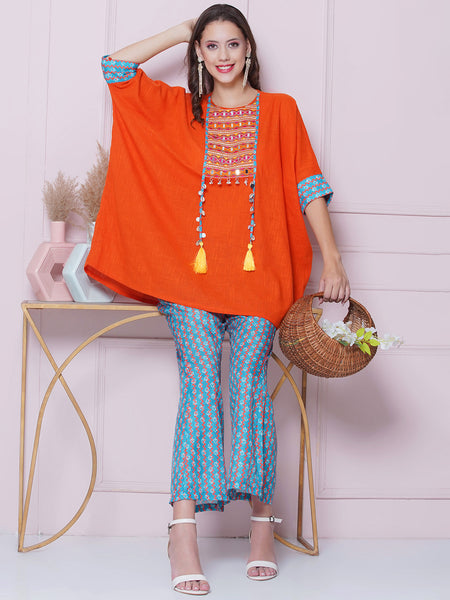 Orange Cotton Mirror Embroidered Kaftaan with Printed Bellbottom-WRKS159