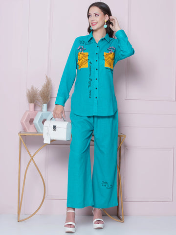 Blue Cotton Embroidered Shirt with High Waist Pallazo-WRKS162B