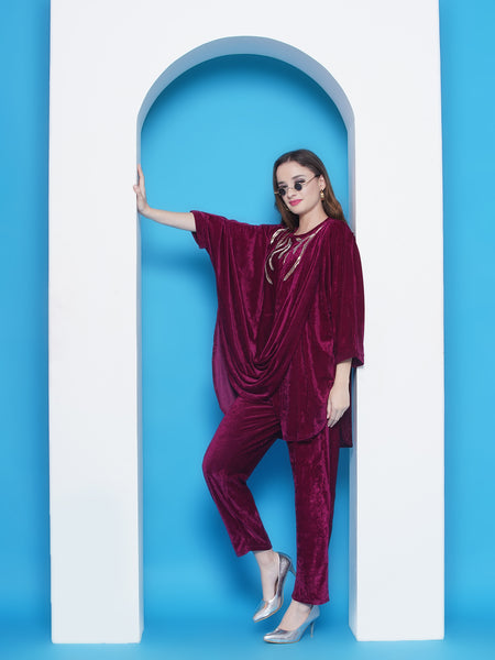 Wine Vevet Hand Embellished Drape Style Kurta with Pant-WRKS146