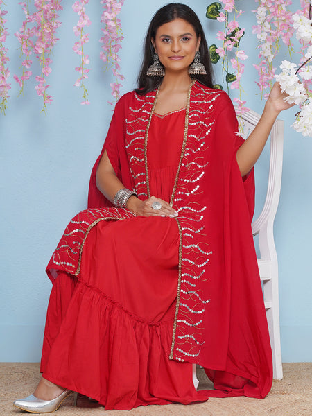 Red Full Length Anarkali Gown with Hand Embellished Cape-WRK472