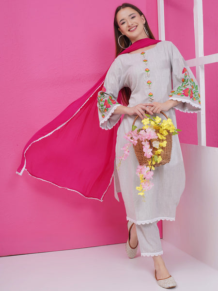 Grey Handloom Cotton Suit set with Dupatta-WRS001