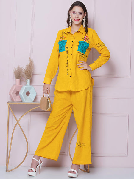 Yellow Cotton Embroidered Shirt with High Waist Pallazo-WRKS162Y