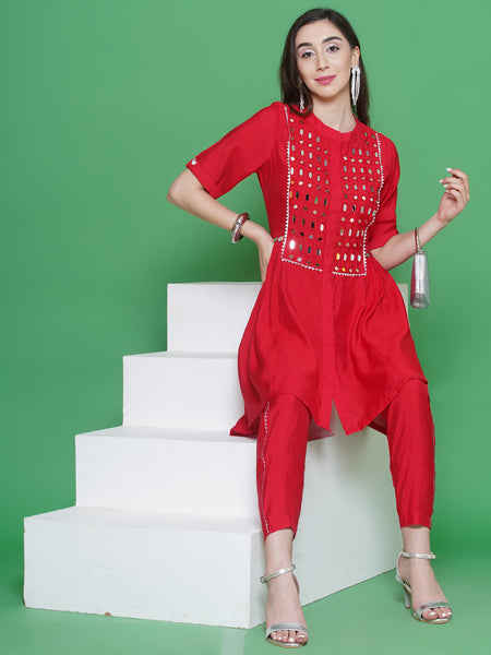 Red Muslin Kurta Set with Mirror Work-WRKS131
