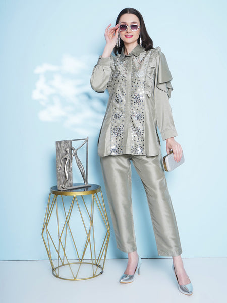 Pastel Green Hand Embellished Silk Muslin Set-WRKS151