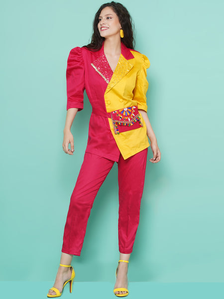 Pink and Yellow Cotton Silk Blazer Set-WRKS114