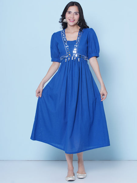 Blue Mirror Embroidered Empire Line Dress-WRK464