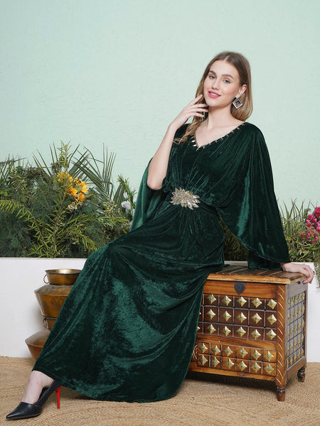Green Velvet Cape Style Hand Embellished Gown with Belt-WRK453