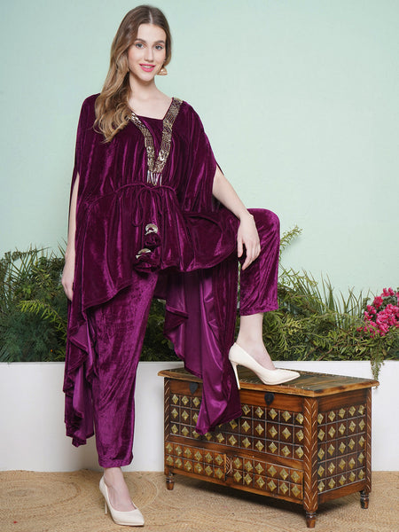 Wine Velvet Hand Embellished Kaftaan with Pants-WRK135