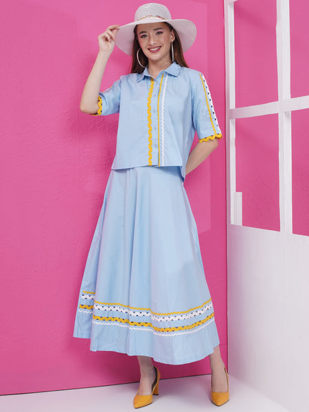Blue Cotton Popline Top with Skirt-WRKS171