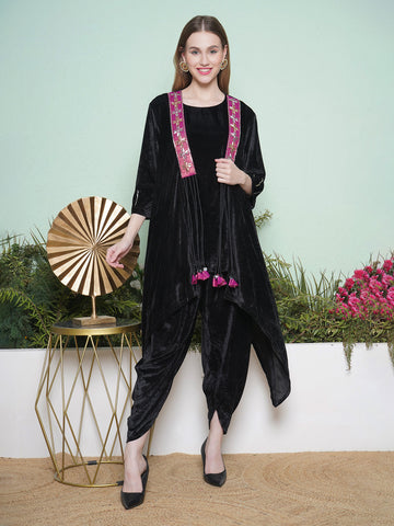 Black Velvet Hand Embellished Jacket with Inner and Dhoti Salwaar-WRKS138