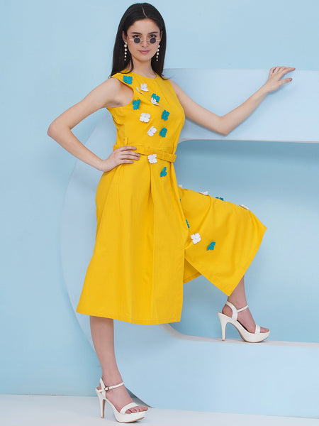 Yellow Cotton Dress with Belt and 3D Flower-WRK482