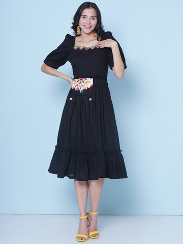 Black Cotton Dress with Belt and Pouch-WRK465