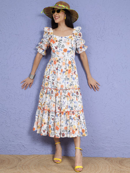 Floral Pure Cotton Tiered Dress-WRK290