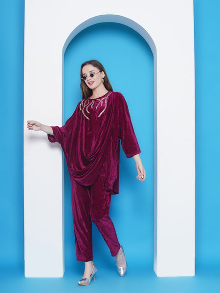 Wine Vevet Hand Embellished Drape Style Kurta with Pant-WRKS146