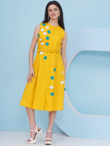 Yellow Cotton Dress with Belt and 3D Flower-WRK482