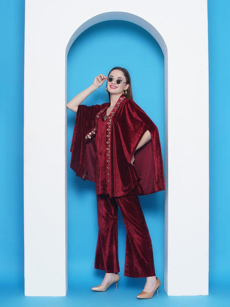 Maroon Embroidered Velvet 3 pcs Cape set-WRKS145