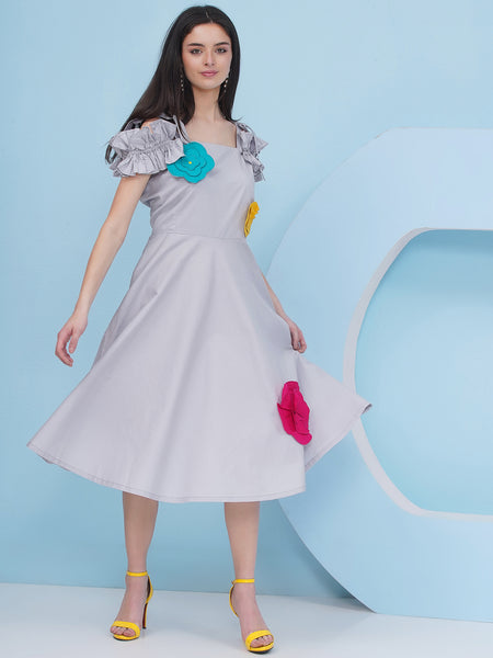 Grey Cotton Dress With 3 D Flowers-WRK483